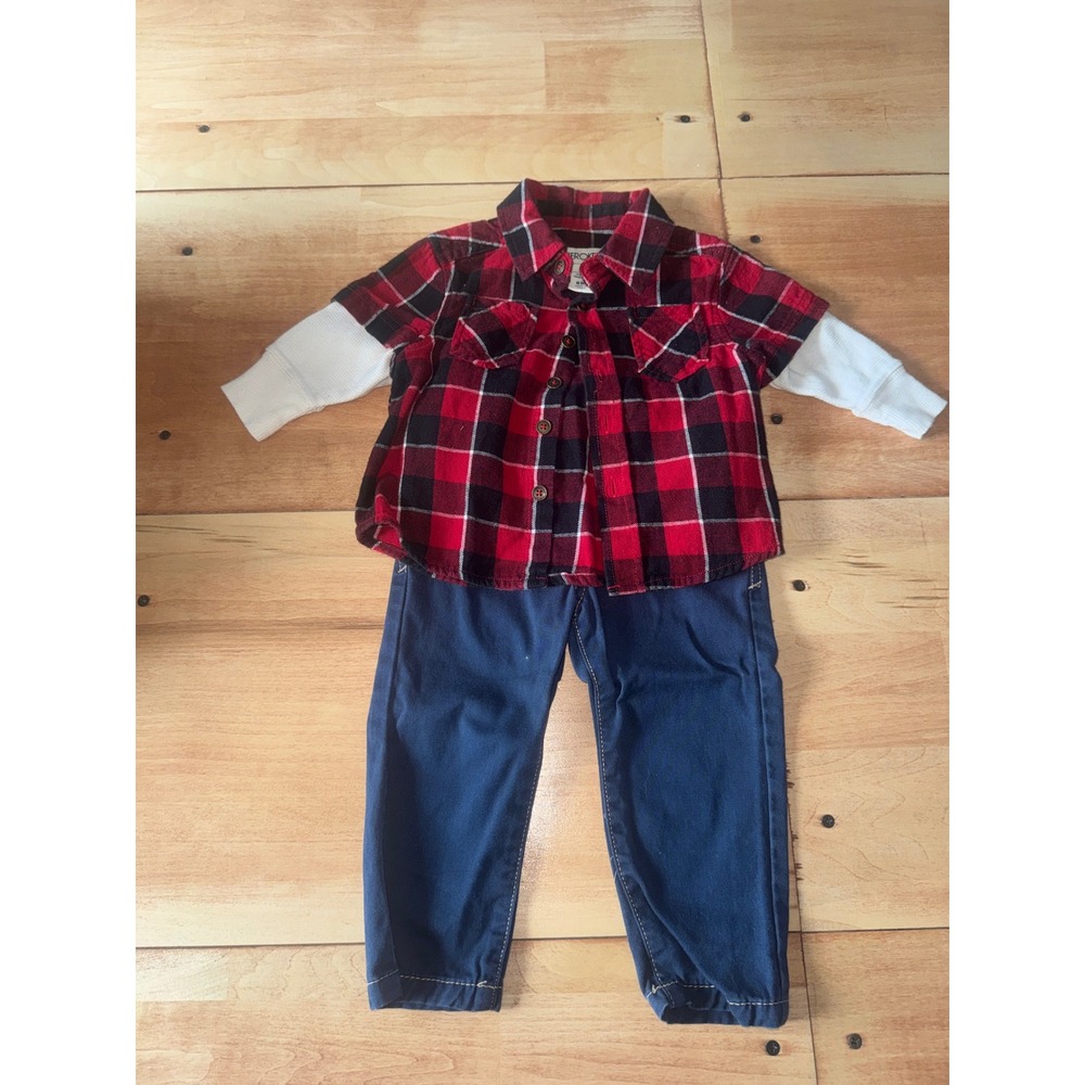 Cherokee Red Black Plaid‎ Long Sleeve Shirt & Pants Outfit Baby Boy Bundle 6 M